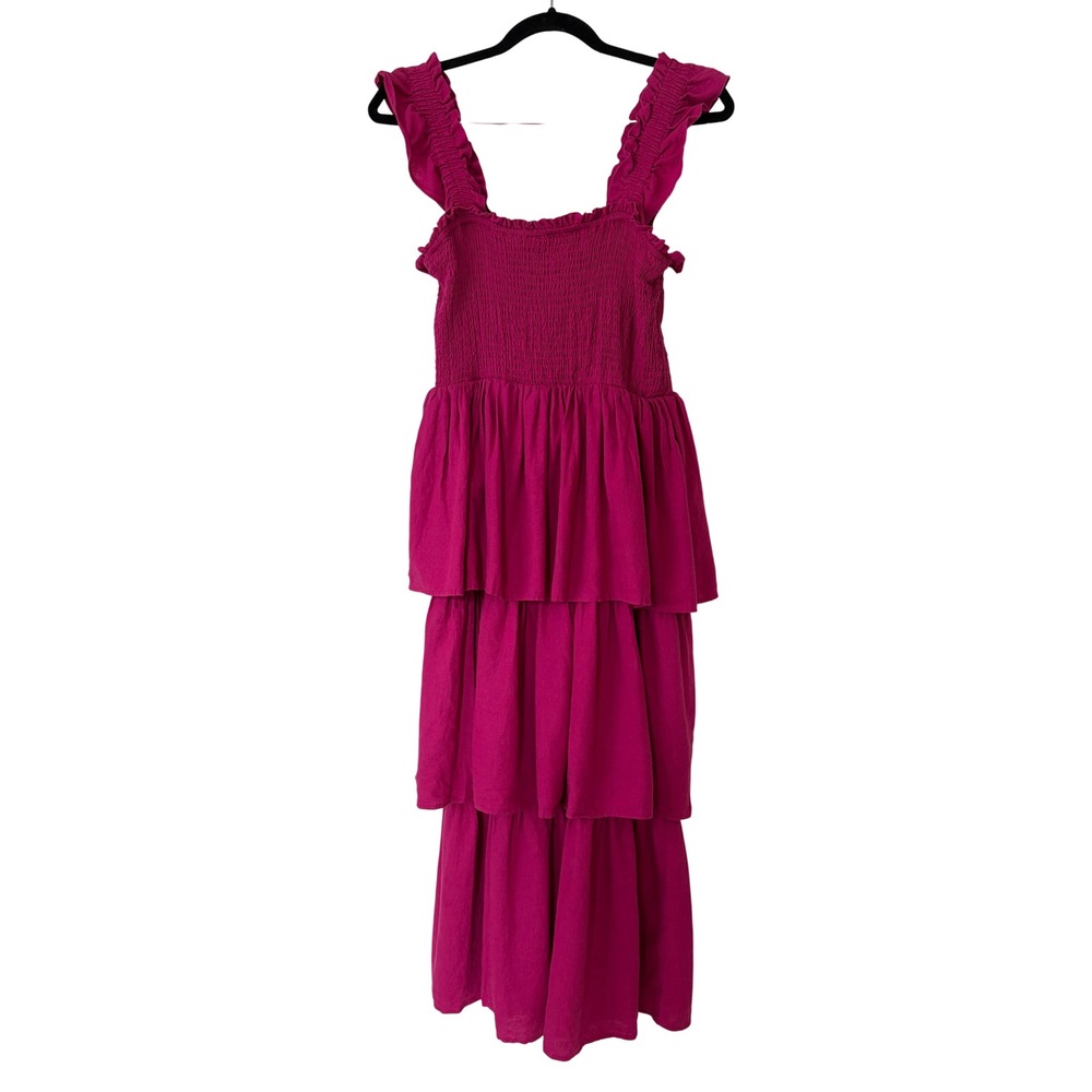 Anthro x Avec Les Filles Tiered Linen Dress Smocked Sz 10 Fuchsia Pink Ruffle - Picture 2 of 8